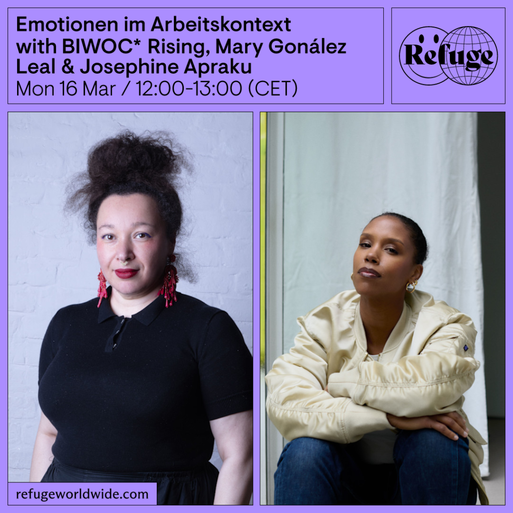 two people standing and refuge worldwide logo